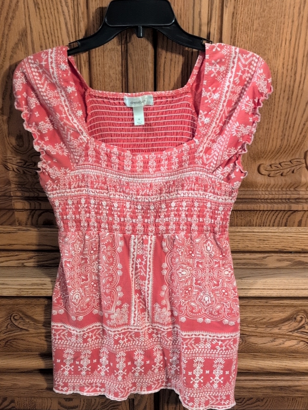 Dressbarn Coral Smocked Square-Neck Short Sleeve Tee